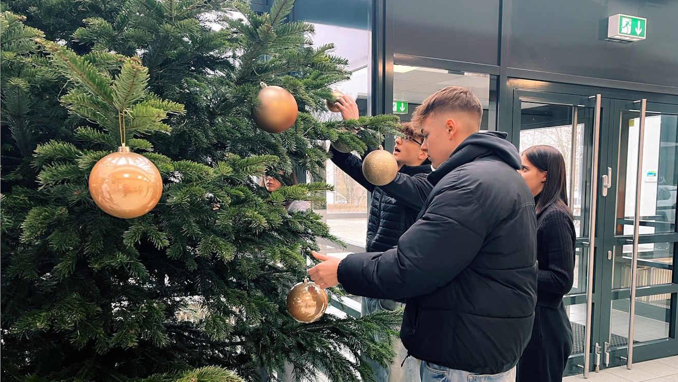 Schüler schmücken Weihnachtsbaum